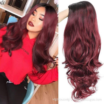 Vigorous Fiber for Women Long Curly Ombre Black to Red Wavy Synthetic Party Middle Part Cosplay Full Wigs
